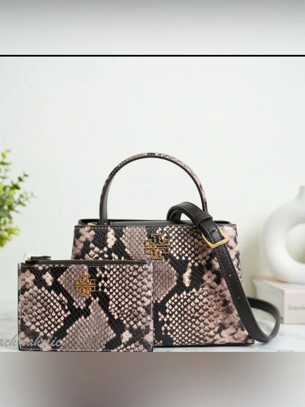 Tory Burch Pink Snake-Print Top Handle Mini Bag with Wallet